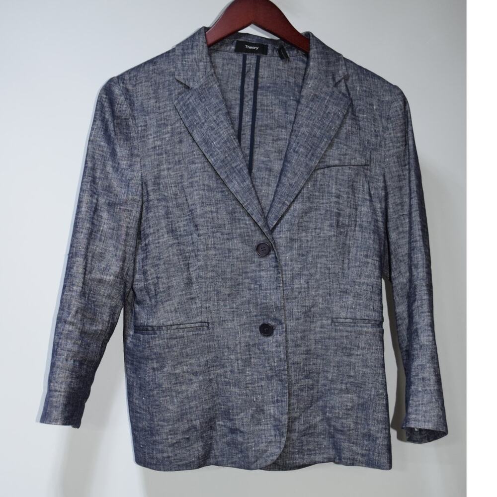 Theory Blue Linen Blend Tailored Blazer Jacket Two Button Size 8